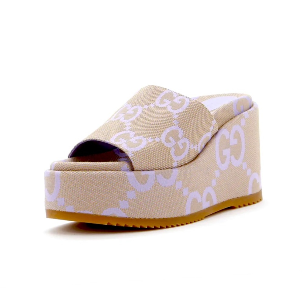 Gucci Beige and White GG Canvas Platform Slide Sandal